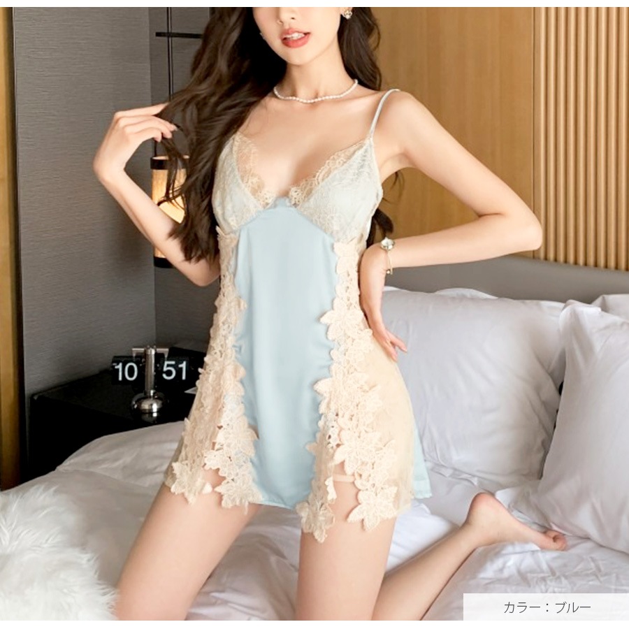 ルームウェア パジャマ レース 透け感 キャミソールワンピース 韓国ファッション レディース 春 夏 秋 冬 新作 ブラック ブルー ラベンダー M L XL JOCOSA 6216