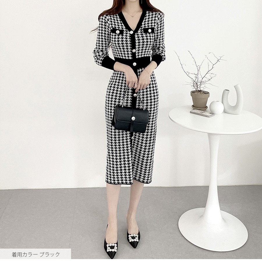 ワンピース ロング 韓国ファッション ニット 長袖 Vネック 大人 レトロ セクシー ニットワンピース 膝下 おしゃれ シンプル かわいい 韓国 千鳥柄 春 秋 冬 新作 バイカラー ブラック ホワイト 黒 白 フリーサイズ JOCOSA 9225