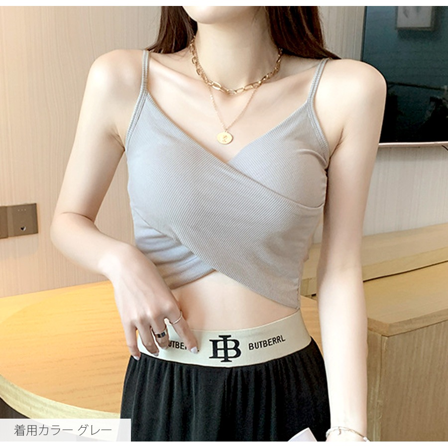 ショートクロスキャミソール　M 3color 】3WAYクロスストラップリボンシャーリングショート