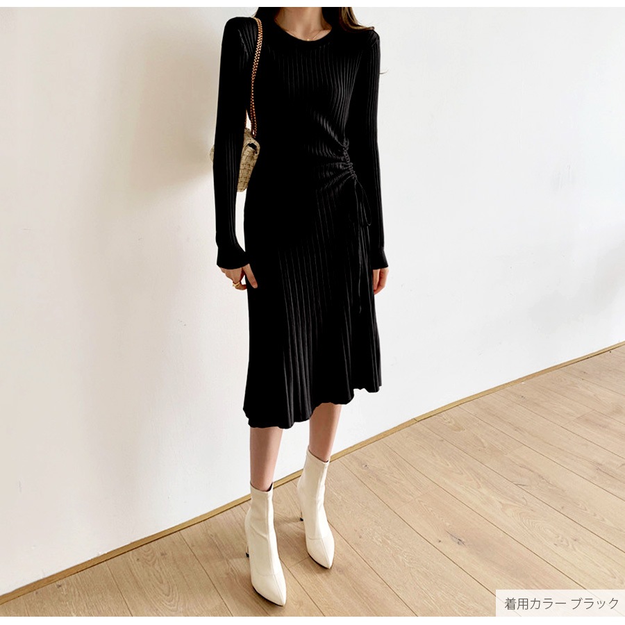 ニットワンピース リブ ギャザー 長袖 ワンピース フレアワンピース 膝丈ワンピース 絞り リボン セクシー オフィスカジュアル きれいめ 韓国ファッション シンプル 大人 レディース 春 秋 冬 ブラック アイボリー フリーサイズ JOCOSA 9226