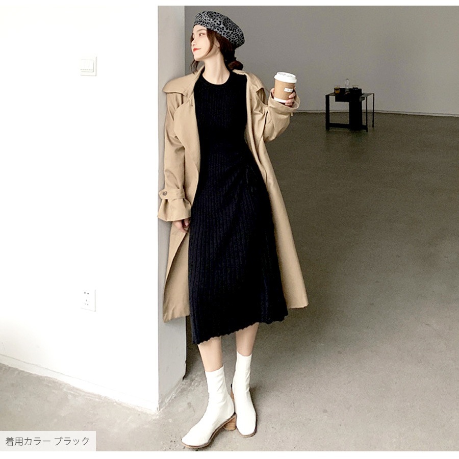 ニットワンピース リブ ギャザー 長袖 ワンピース フレアワンピース 膝丈ワンピース 絞り リボン セクシー オフィスカジュアル きれいめ 韓国ファッション シンプル 大人 レディース 春 秋 冬 ブラック アイボリー フリーサイズ JOCOSA 9226
