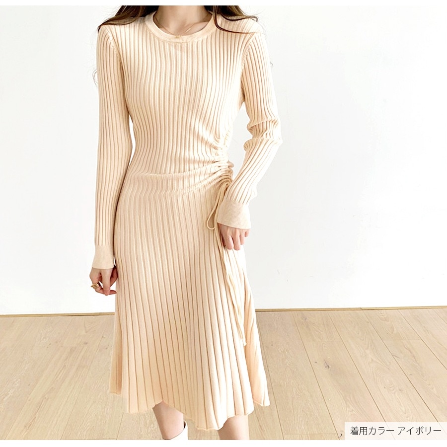 ニットワンピース リブ ギャザー 長袖 ワンピース フレアワンピース 膝丈ワンピース 絞り リボン セクシー オフィスカジュアル きれいめ 韓国ファッション シンプル 大人 レディース 春 秋 冬 ブラック アイボリー フリーサイズ JOCOSA 9226