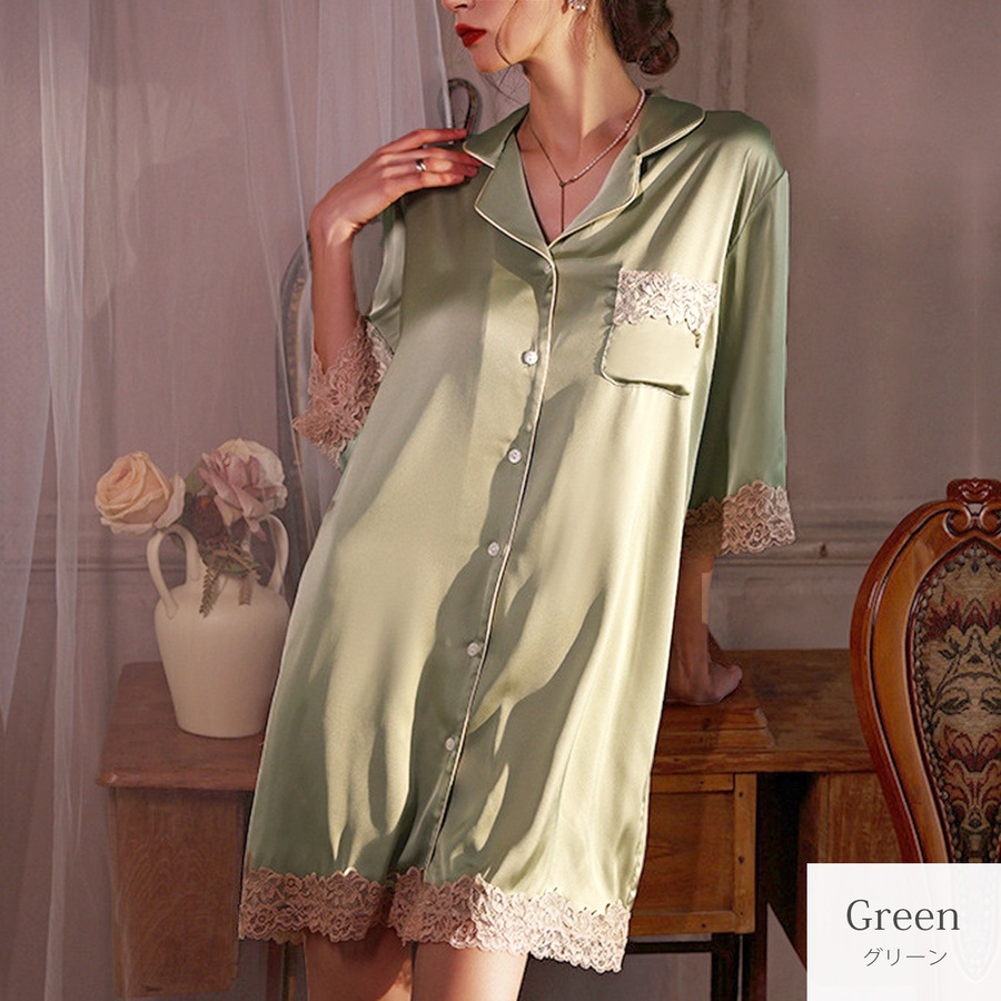 ルームウェア ネグリジェ サテン レディース ワンピース 大きいサイズ 体型カバー 二の腕 ヒップ 前あき 襟付き レース リラックスウェア M L JOCOSA 6220