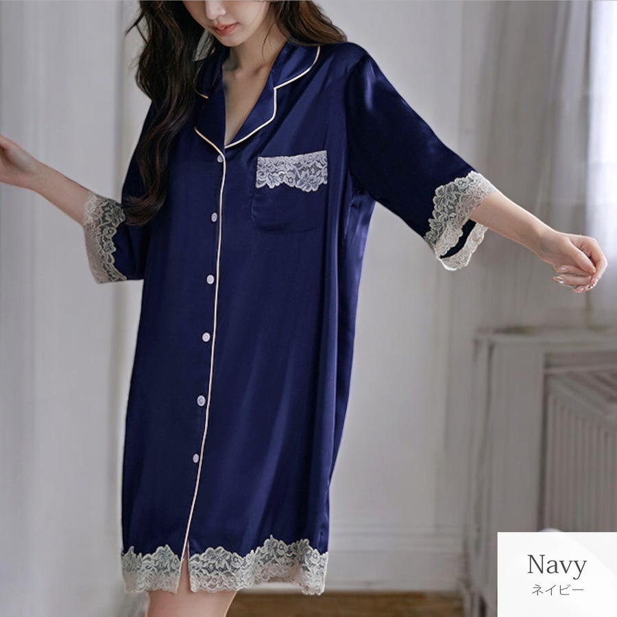 ルームウェア ネグリジェ サテン レディース ワンピース 大きいサイズ 体型カバー 二の腕 ヒップ 前あき 襟付き レース リラックスウェア M L JOCOSA 6220