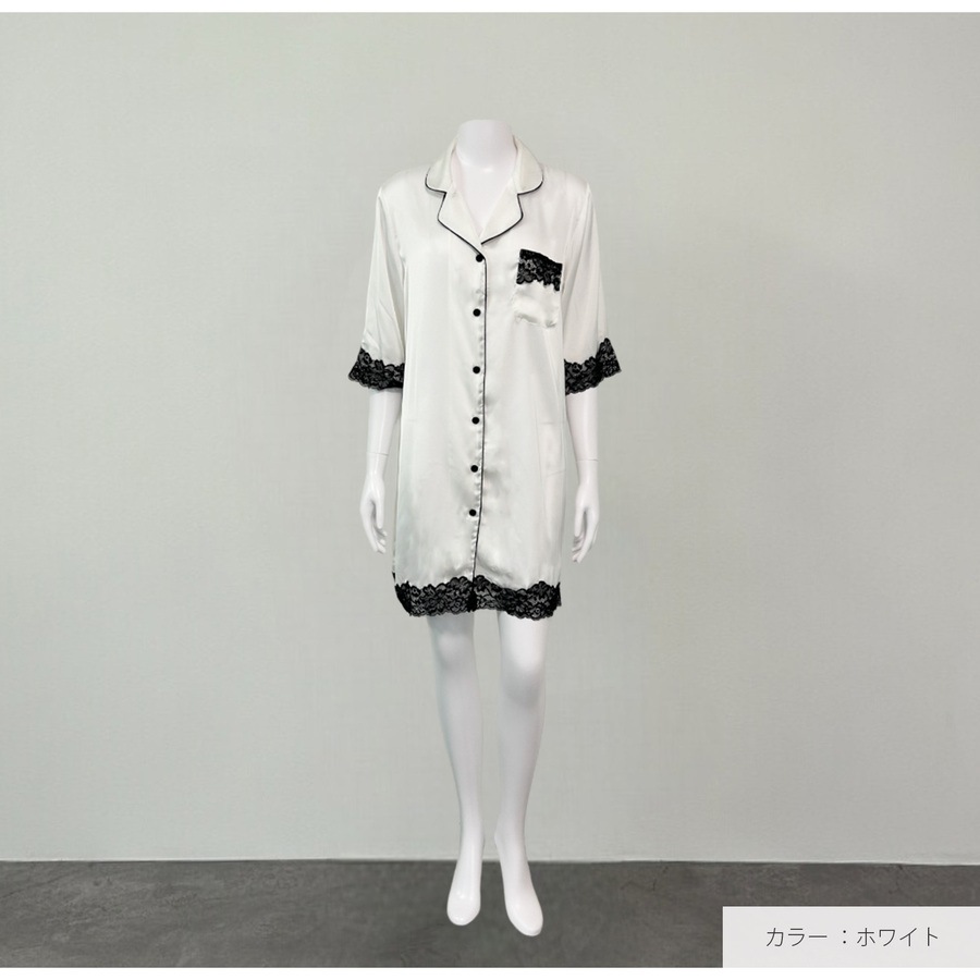 ルームウェア ネグリジェ サテン レディース ワンピース 大きいサイズ 体型カバー 二の腕 ヒップ 前あき 襟付き レース リラックスウェア M L JOCOSA 6220