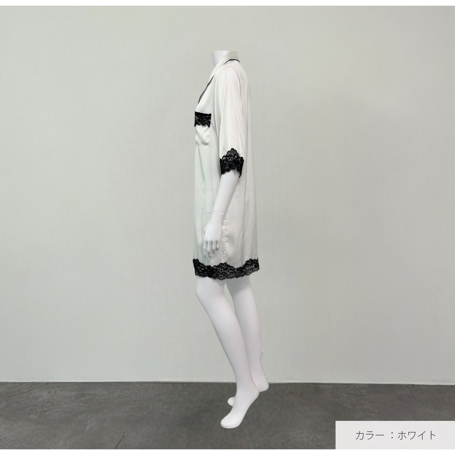 ルームウェア ネグリジェ サテン レディース ワンピース 大きいサイズ 体型カバー 二の腕 ヒップ 前あき 襟付き レース リラックスウェア M L JOCOSA 6220