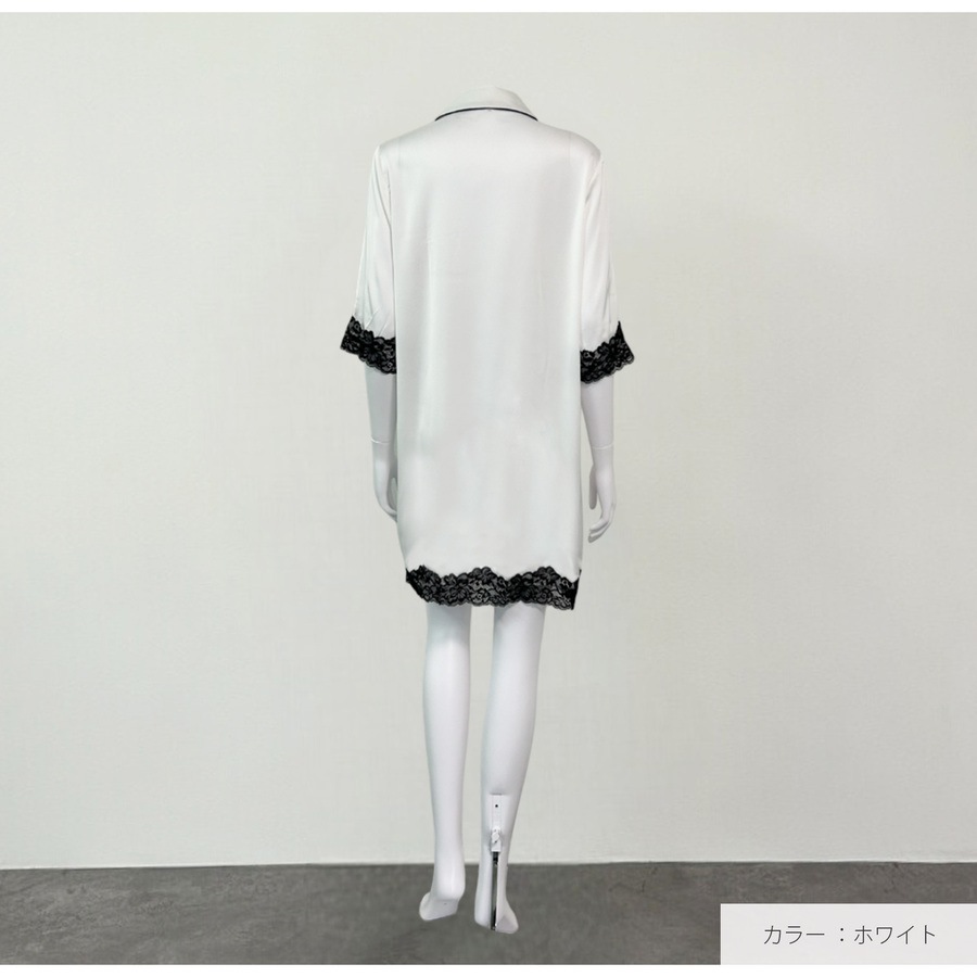 ルームウェア ネグリジェ サテン レディース ワンピース 大きいサイズ 体型カバー 二の腕 ヒップ 前あき 襟付き レース リラックスウェア M L JOCOSA 6220