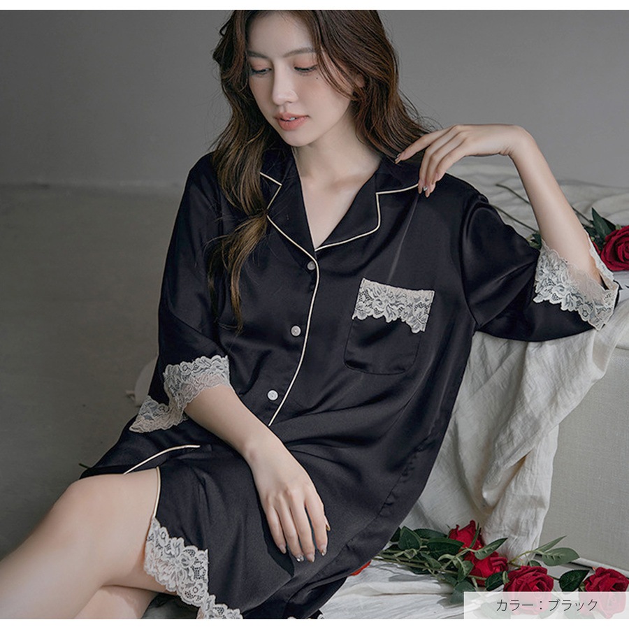 ルームウェア ネグリジェ サテン レディース ワンピース 大きいサイズ 体型カバー 二の腕 ヒップ 前あき 襟付き レース リラックスウェア M L JOCOSA 6220