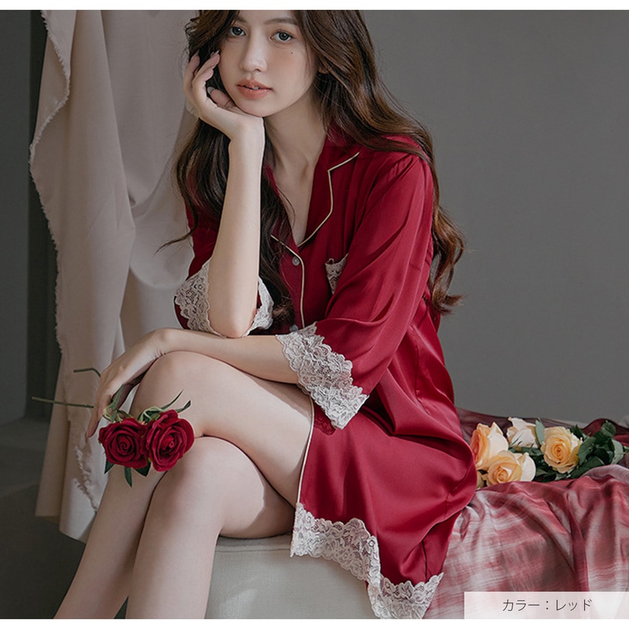 ルームウェア ネグリジェ サテン レディース ワンピース 大きいサイズ 体型カバー 二の腕 ヒップ 前あき 襟付き レース リラックスウェア M L JOCOSA 6220