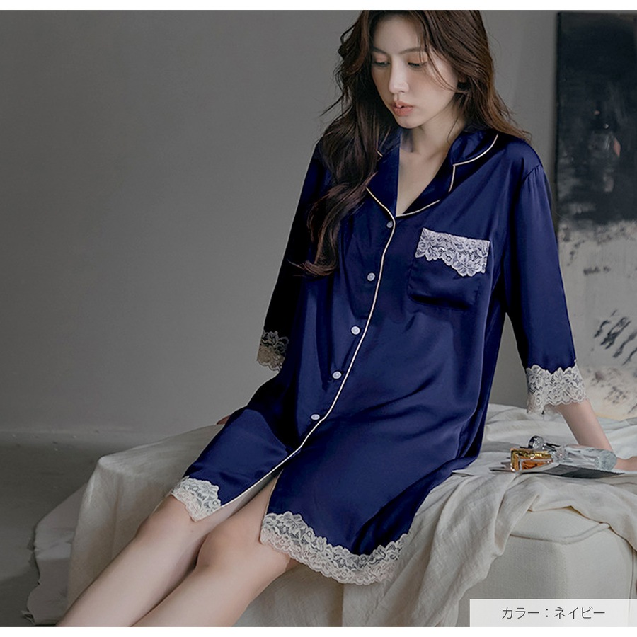 ルームウェア ネグリジェ サテン レディース ワンピース 大きいサイズ 体型カバー 二の腕 ヒップ 前あき 襟付き レース リラックスウェア M L JOCOSA 6220