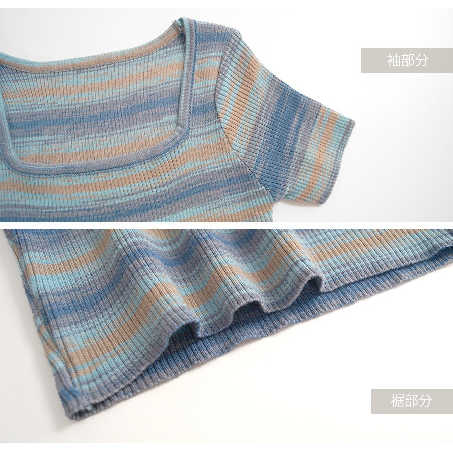 ニット ショート丈 トップス セクシー へそ出し リブ 半袖 サマーニット 春 配色 スクエアネック カジュアル 韓国ファッション レディース 夏 秋 ピンク ブルー フリーサイズ JOCOSA 7114