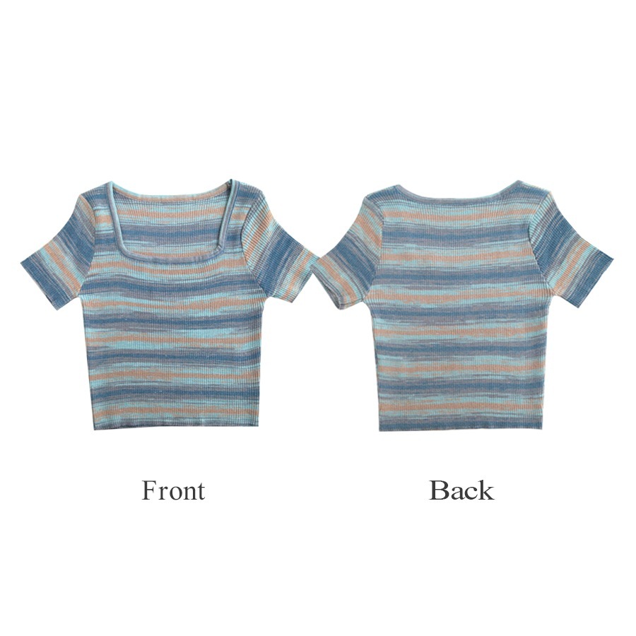 ニット ショート丈 トップス セクシー へそ出し リブ 半袖 サマーニット 春 配色 スクエアネック カジュアル 韓国ファッション レディース 夏 秋 ピンク ブルー フリーサイズ JOCOSA 7114