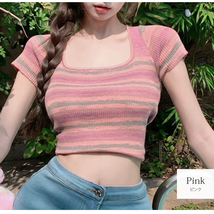 ニット ショート丈 トップス セクシー へそ出し リブ 半袖 サマーニット 春 配色 スクエアネック カジュアル 韓国ファッション レディース 夏 秋 ピンク ブルー フリーサイズ JOCOSA 7114