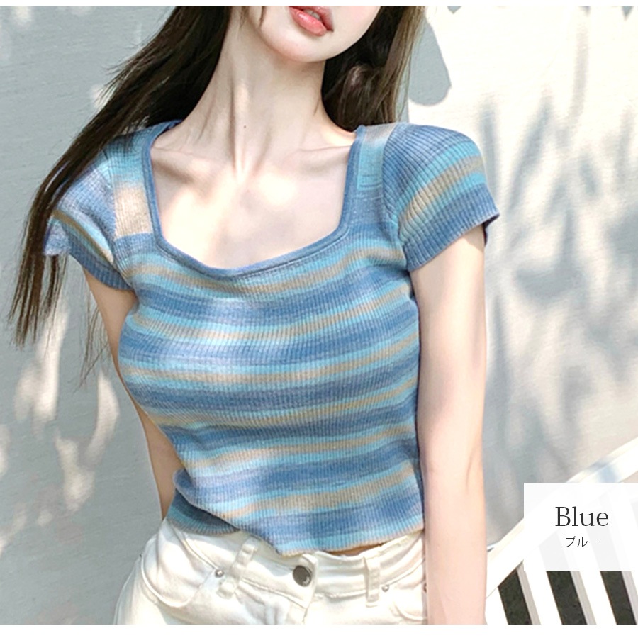 ニット ショート丈 トップス セクシー へそ出し リブ 半袖 サマーニット 春 配色 スクエアネック カジュアル 韓国ファッション レディース 夏 秋 ピンク ブルー フリーサイズ JOCOSA 7114
