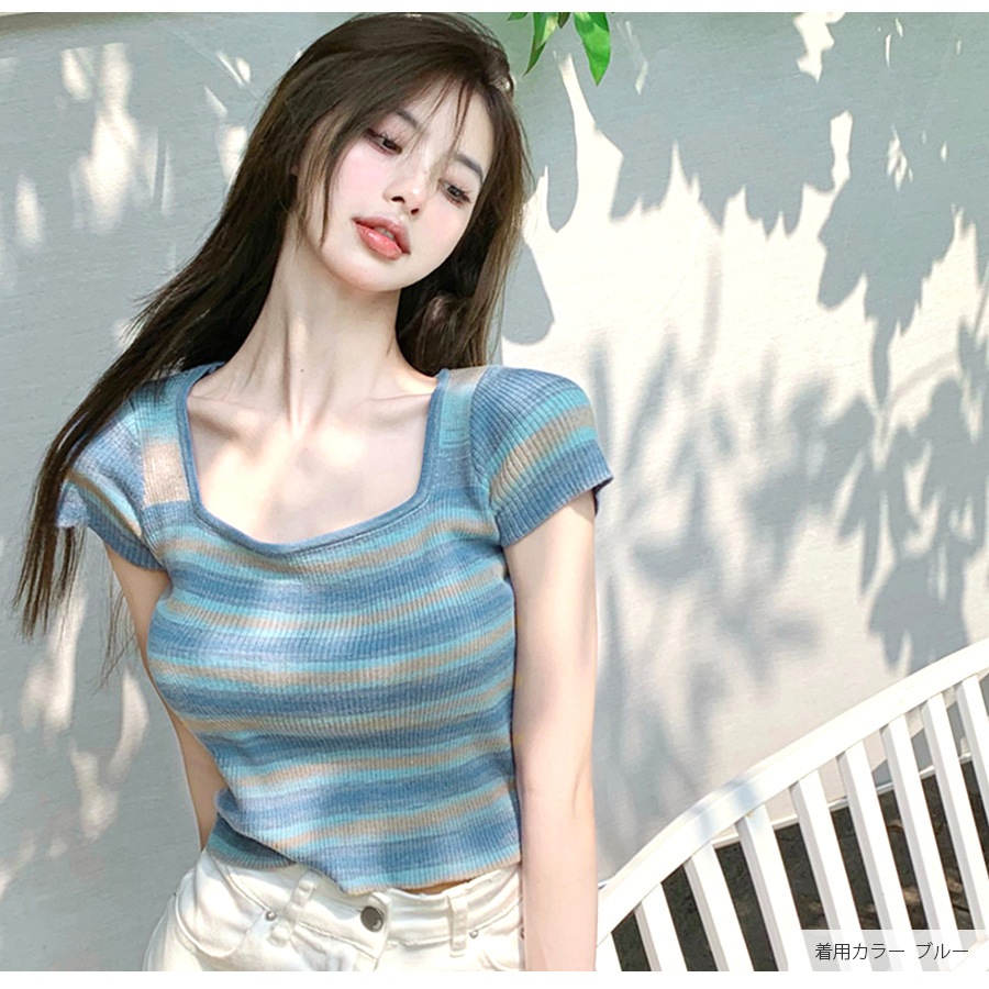 ニット ショート丈 トップス セクシー へそ出し リブ 半袖 サマーニット 春 配色 スクエアネック カジュアル 韓国ファッション レディース 夏 秋 ピンク ブルー フリーサイズ JOCOSA 7114