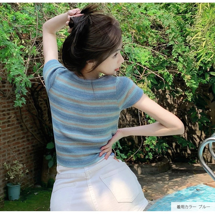 ニット ショート丈 トップス セクシー へそ出し リブ 半袖 サマーニット 春 配色 スクエアネック カジュアル 韓国ファッション レディース 夏 秋 ピンク ブルー フリーサイズ JOCOSA 7114