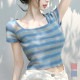 ニット ショート丈 トップス セクシー へそ出し リブ 半袖 サマーニット 春 配色 スクエアネック カジュアル 韓国ファッション レディース 夏 秋 ピンク ブルー フリーサイズ JOCOSA 7114