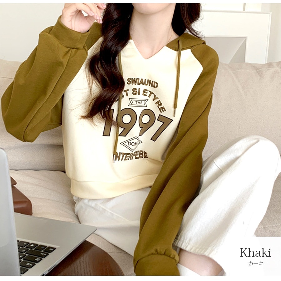 パーカー ショート丈 フード ロゴ 春 秋 冬 トップス スウェット フーディ フード付き カジュアル ストリート スポーティ シンプル 韓国ファッション 大人 レディース ブラック カーキ ブラウン M L XL JOCOSA 7177