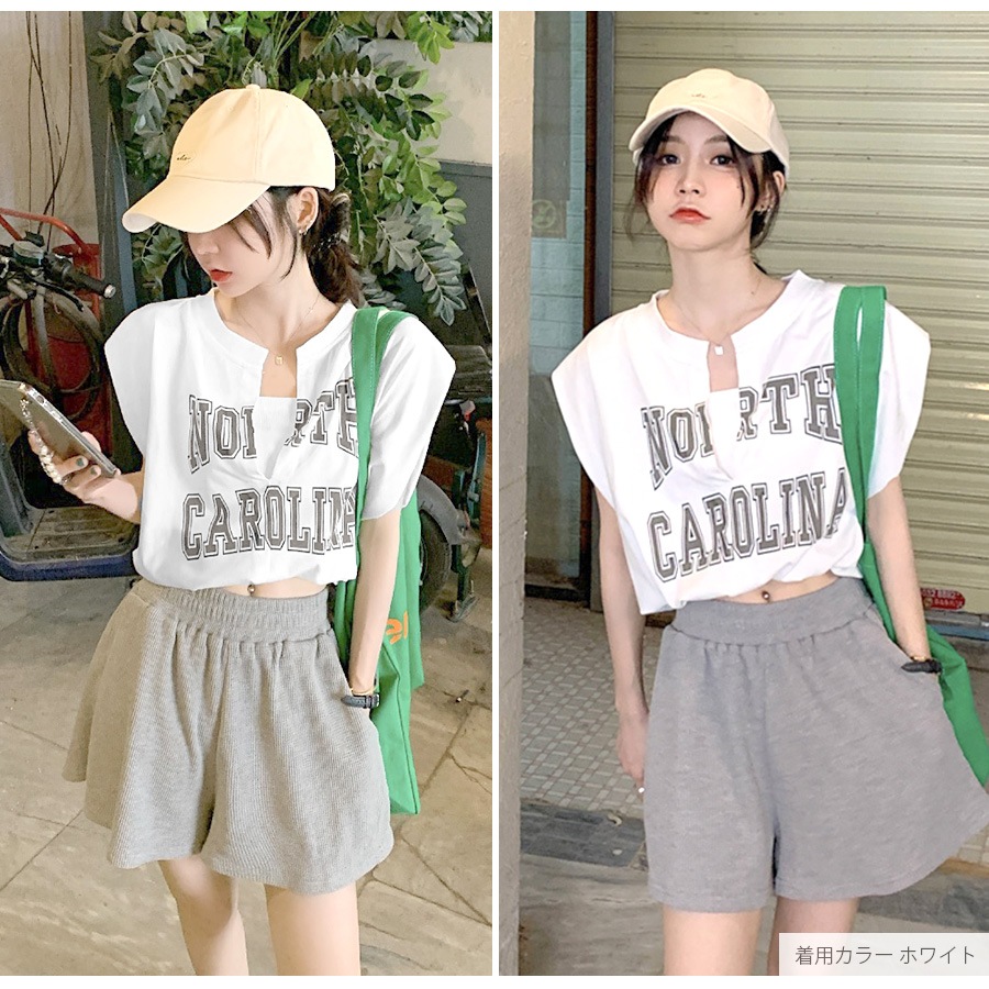 ロゴ ショート丈トップス キャミソール一体型 Tシャツ フレンチスリーブ キャミソール カットソー 秋 夏 春 スリットネック セクシー ストリート ギャル カジュアル スポーティ 韓国ファッション レディース ホワイト グレー ブルー M L JOCOSA 7147