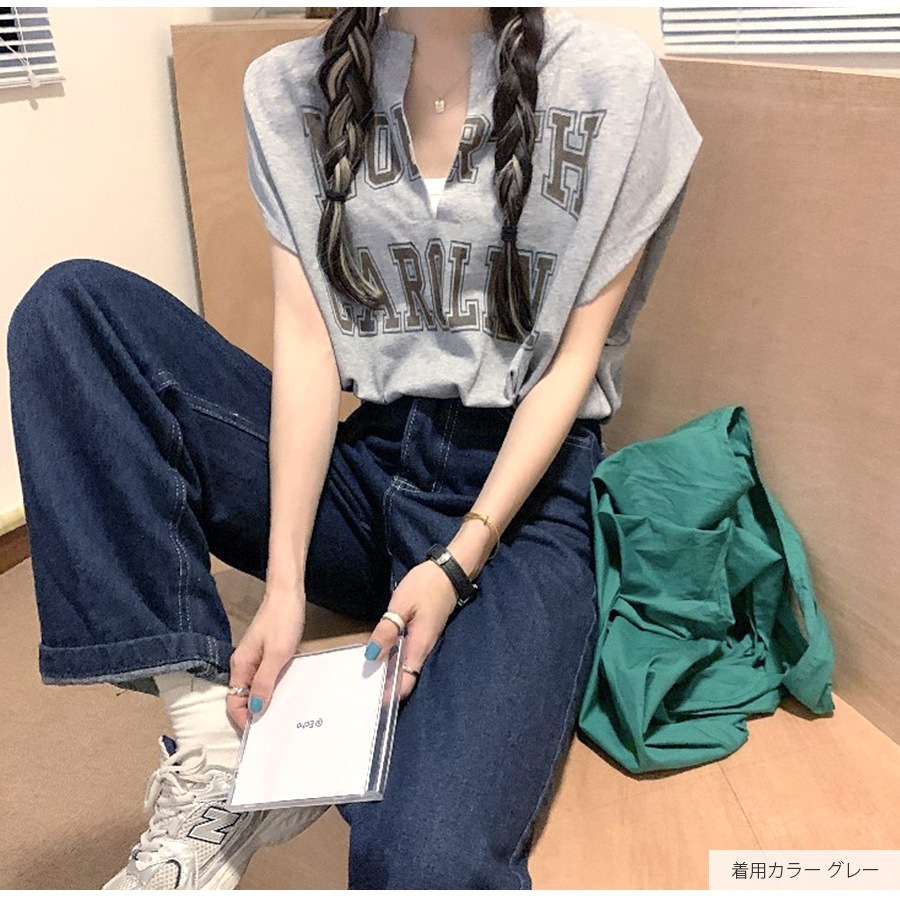 ロゴ ショート丈トップス キャミソール一体型 Tシャツ フレンチスリーブ キャミソール カットソー 秋 夏 春 スリットネック セクシー ストリート ギャル カジュアル スポーティ 韓国ファッション レディース ホワイト グレー ブルー M L JOCOSA 7147