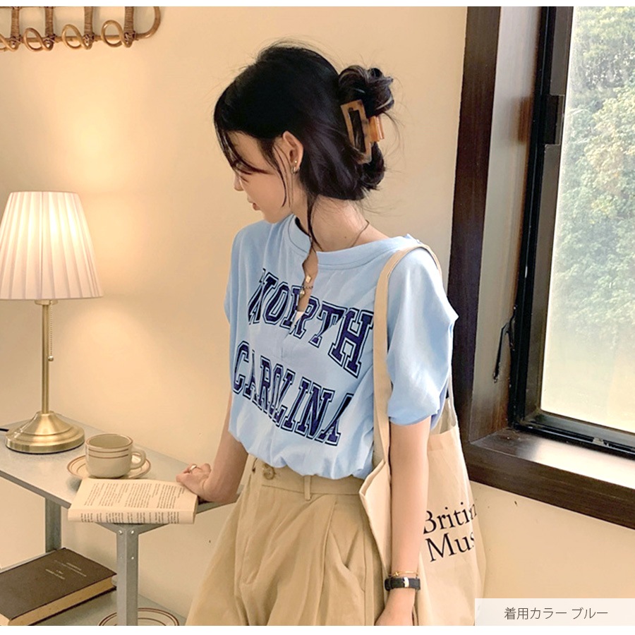 ロゴ ショート丈トップス キャミソール一体型 Tシャツ フレンチスリーブ キャミソール カットソー 秋 夏 春 スリットネック セクシー ストリート ギャル カジュアル スポーティ 韓国ファッション レディース ホワイト グレー ブルー M L JOCOSA 7147