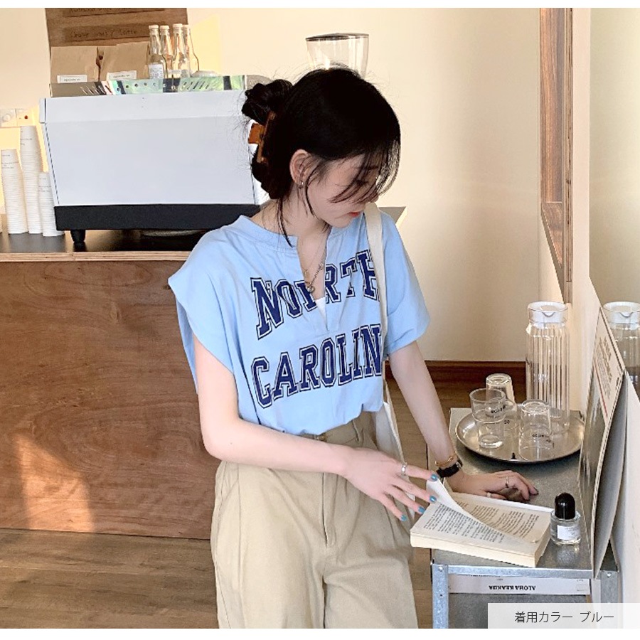 ロゴ ショート丈トップス キャミソール一体型 Tシャツ フレンチスリーブ キャミソール カットソー 秋 夏 春 スリットネック セクシー ストリート ギャル カジュアル スポーティ 韓国ファッション レディース ホワイト グレー ブルー M L JOCOSA 7147