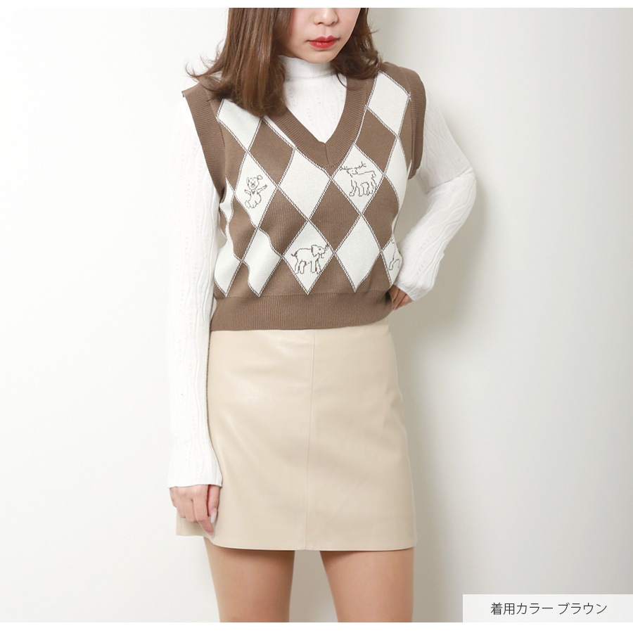 ニットベスト トップス ダイヤ柄 アニマル柄 Vネック ショート丈 レイヤード 韓国ファッション レディース 春 夏 秋 冬 新作 ブルー 青 ブラウン 茶 アイボリー フリーサイズ JOCOSA 7162