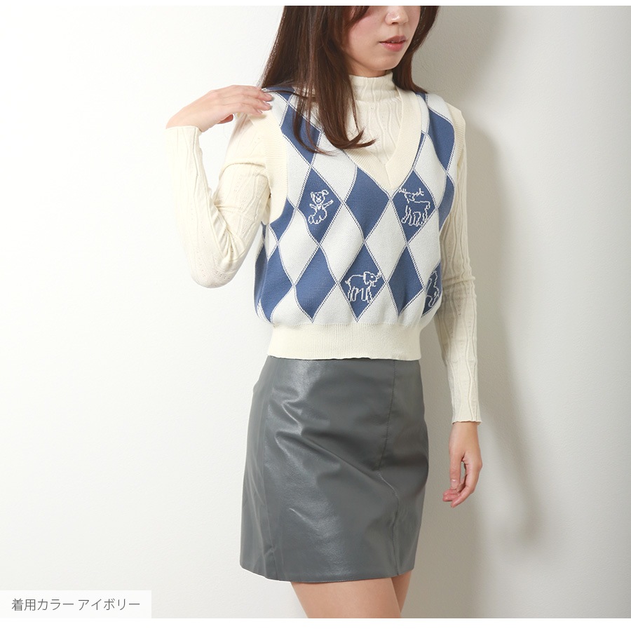 ニットベスト トップス ダイヤ柄 アニマル柄 Vネック ショート丈 レイヤード 韓国ファッション レディース 春 夏 秋 冬 新作 ブルー 青 ブラウン 茶 アイボリー フリーサイズ JOCOSA 7162
