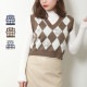 ニットベスト トップス ダイヤ柄 アニマル柄 Vネック ショート丈 レイヤード 韓国ファッション レディース 春 夏 秋 冬 新作 ブルー 青 ブラウン 茶 アイボリー フリーサイズ JOCOSA 7162