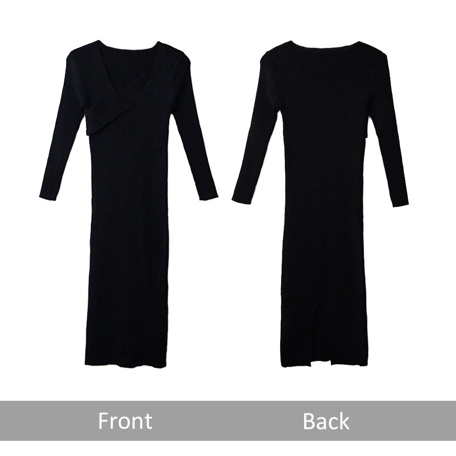 ニットワンピース スリット ロング丈 タイト 長袖 無地 リブ クロスネック シンプル セクシー 大人 可愛い 韓国風 韓流 レディース 春夏秋冬 新作 ブラック 黒 アイボリー ブラウン 茶 フリーサイズ JOCOSA 8856 送料無料 即納