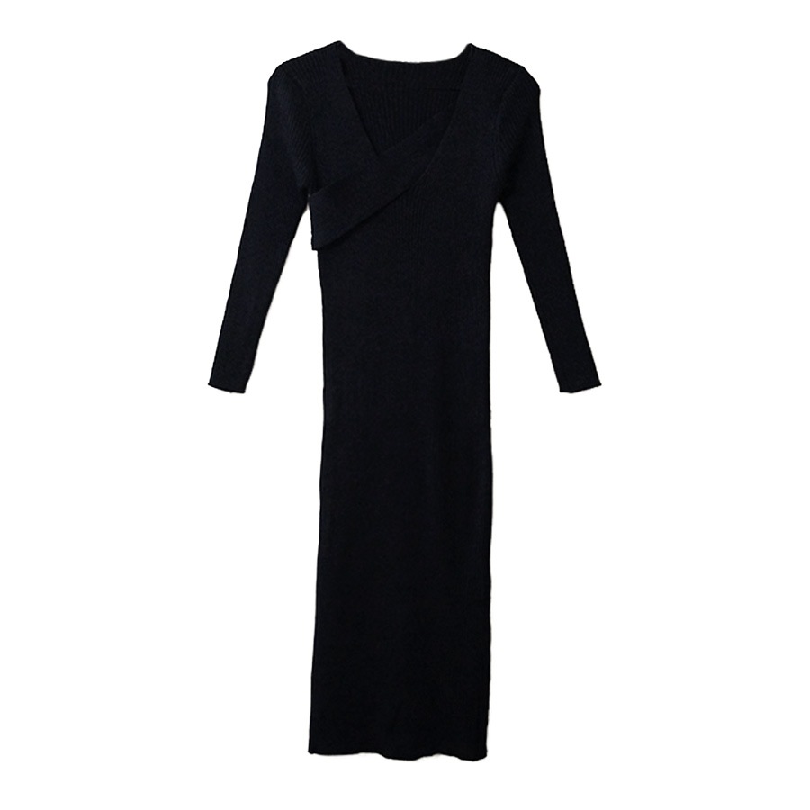 ニットワンピース スリット ロング丈 タイト 長袖 無地 リブ クロスネック シンプル セクシー 大人 可愛い 韓国風 韓流 レディース 春夏秋冬 新作 ブラック 黒 アイボリー ブラウン 茶 フリーサイズ JOCOSA 8856 送料無料 即納