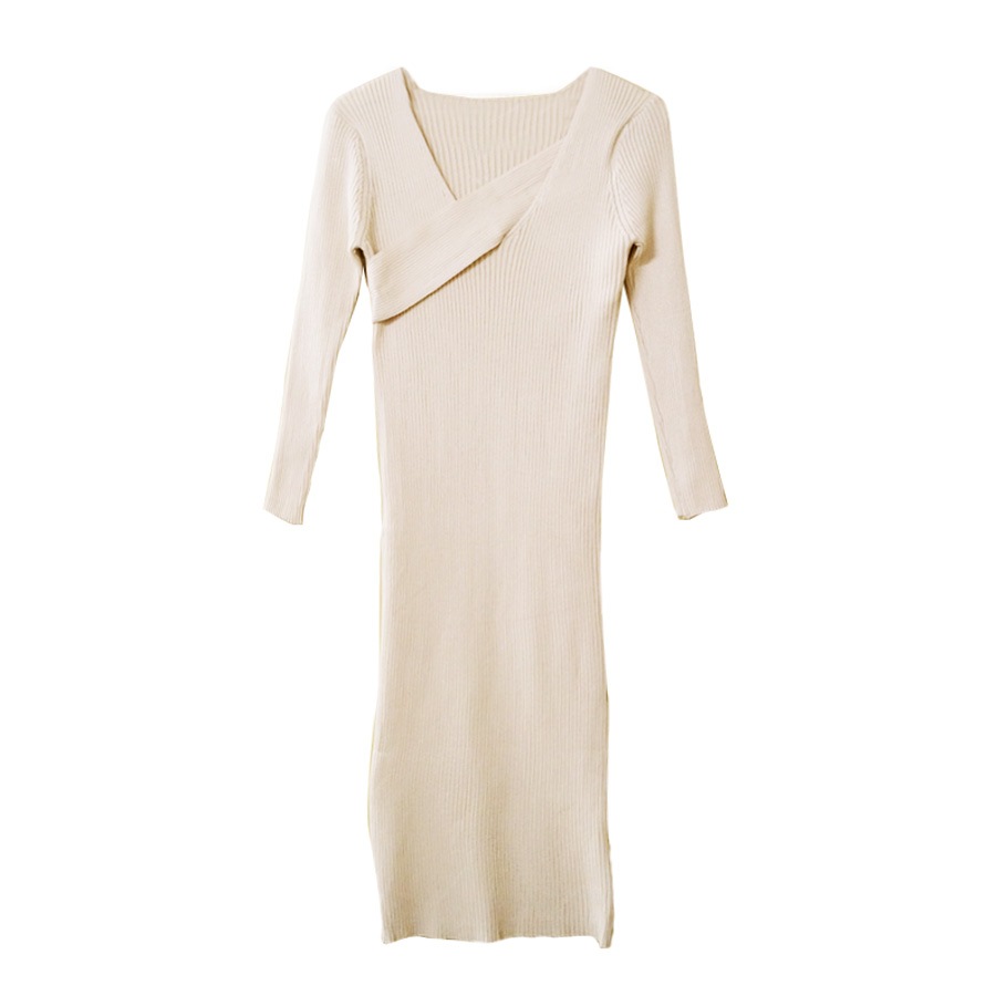 ニットワンピース スリット ロング丈 タイト 長袖 無地 リブ クロスネック シンプル セクシー 大人 可愛い 韓国風 韓流 レディース 春夏秋冬 新作 ブラック 黒 アイボリー ブラウン 茶 フリーサイズ JOCOSA 8856 送料無料 即納