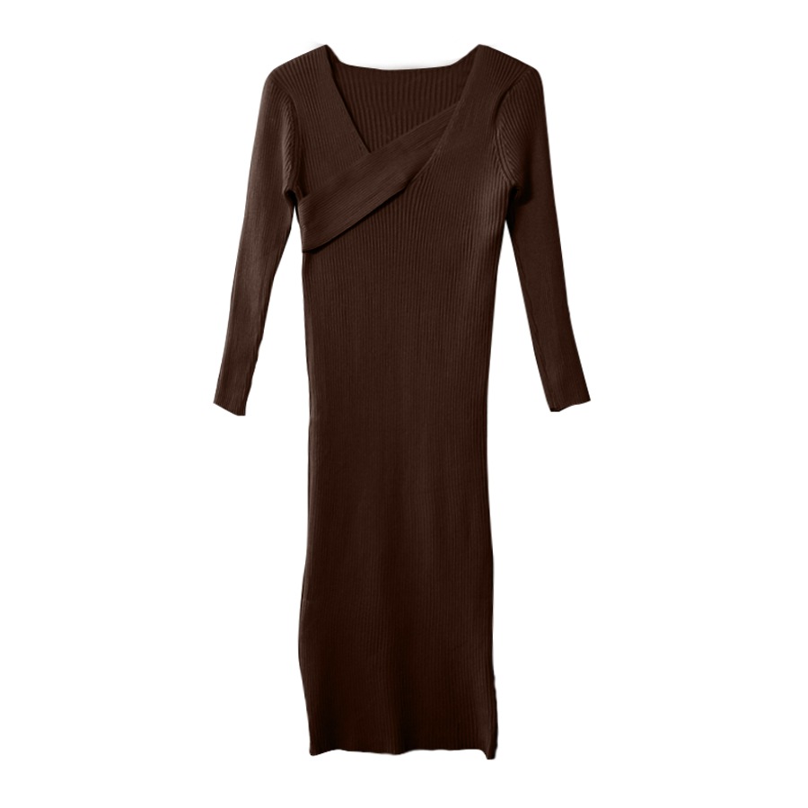 ニットワンピース スリット ロング丈 タイト 長袖 無地 リブ クロスネック シンプル セクシー 大人 可愛い 韓国風 韓流 レディース 春夏秋冬 新作 ブラック 黒 アイボリー ブラウン 茶 フリーサイズ JOCOSA 8856 送料無料 即納