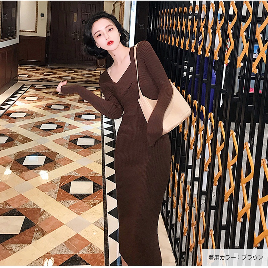 ニットワンピース スリット ロング丈 タイト 長袖 無地 リブ クロスネック シンプル セクシー 大人 可愛い 韓国風 韓流 レディース 春夏秋冬 新作 ブラック 黒 アイボリー ブラウン 茶 フリーサイズ JOCOSA 8856 送料無料 即納
