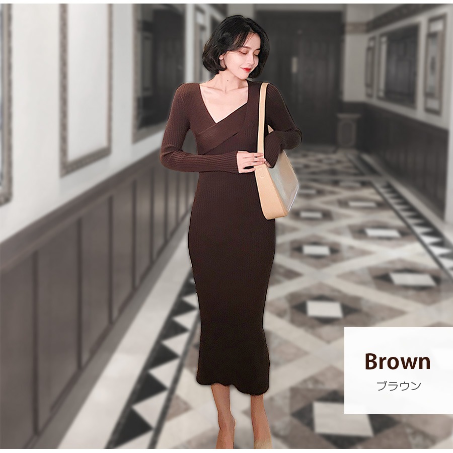 ニットワンピース スリット ロング丈 タイト 長袖 無地 リブ クロスネック シンプル セクシー 大人 可愛い 韓国風 韓流 レディース 春夏秋冬 新作 ブラック 黒 アイボリー ブラウン 茶 フリーサイズ JOCOSA 8856 送料無料 即納