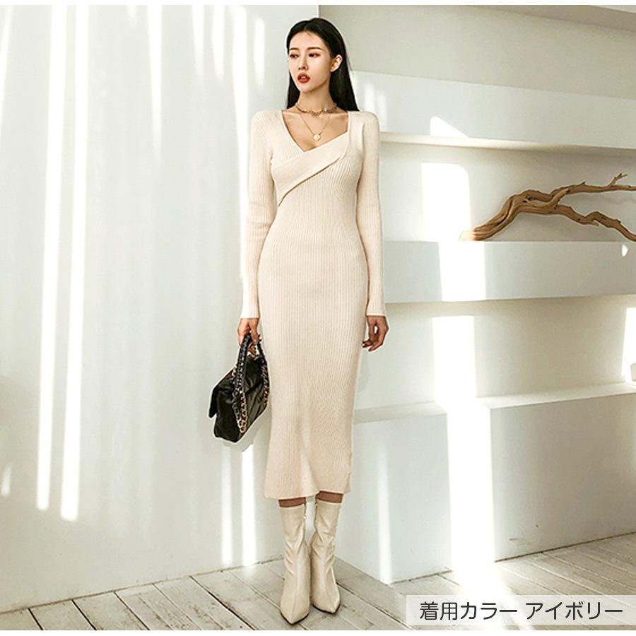 ニットワンピース スリット ロング丈 タイト 長袖 無地 リブ クロスネック シンプル セクシー 大人 可愛い 韓国風 韓流 レディース 春夏秋冬 新作 ブラック 黒 アイボリー ブラウン 茶 フリーサイズ JOCOSA 8856 送料無料 即納