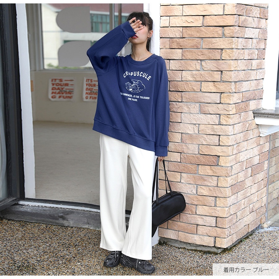 スウェット トレーナー トップス 長袖 薄手 ロゴ ゆったり ゆる ビックシルエット ワンポイント クルーネック 大人 コットン おしゃれ カジュアル シンプル 韓国ファッション レディース 春 秋 冬 新作 ダークグレー ブルー アイボリー M L JOCOSA 7149