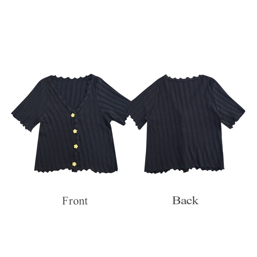 ニット ショート丈 トップス カーディガン セクシー へそ出し 半袖 サマーニット 春 メロウフリル Vネック ボタン 花 カジュアル フェミニン 韓国ファッション レディース 夏 秋 ブラック ホワイト グリーン イエロー フリーサイズ JOCOSA 7116