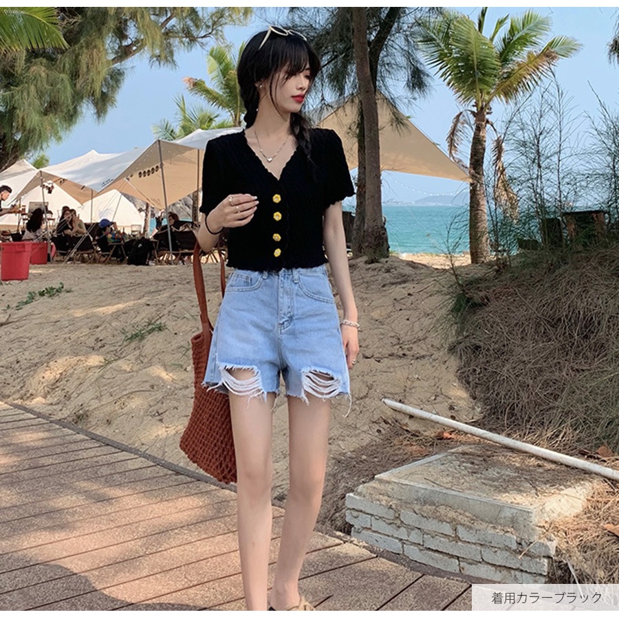 ニット ショート丈 トップス カーディガン セクシー へそ出し 半袖 サマーニット 春 メロウフリル Vネック ボタン 花 カジュアル フェミニン 韓国ファッション レディース 夏 秋 ブラック ホワイト グリーン イエロー フリーサイズ JOCOSA 7116