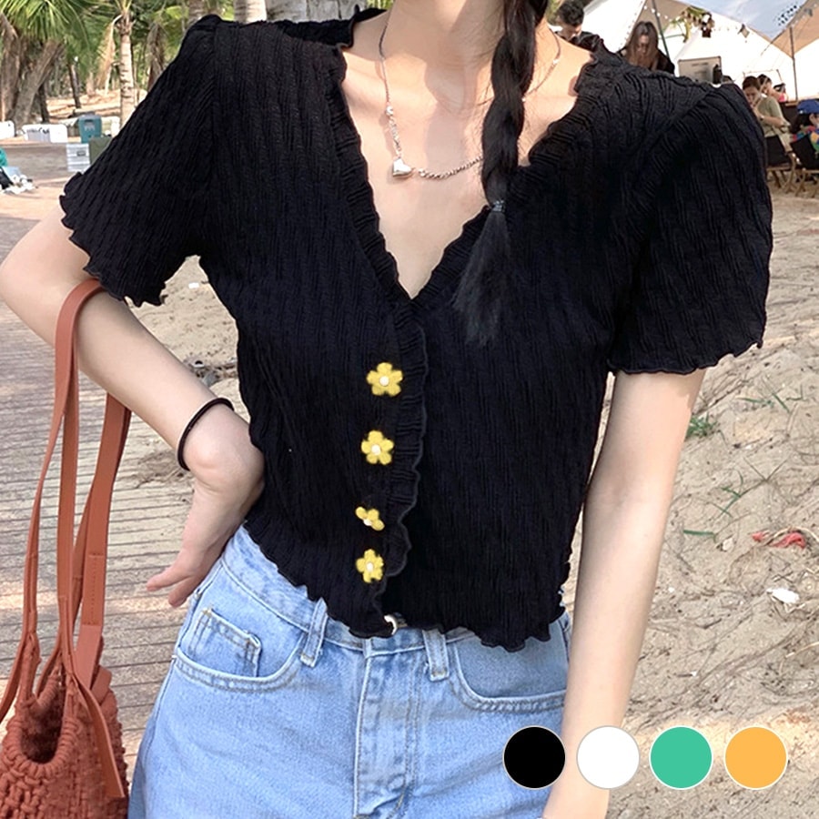 ニット ショート丈 トップス カーディガン セクシー へそ出し 半袖 サマーニット 春 メロウフリル Vネック ボタン 花 カジュアル フェミニン 韓国ファッション レディース 夏 秋 ブラック ホワイト グリーン イエロー フリーサイズ JOCOSA 7116