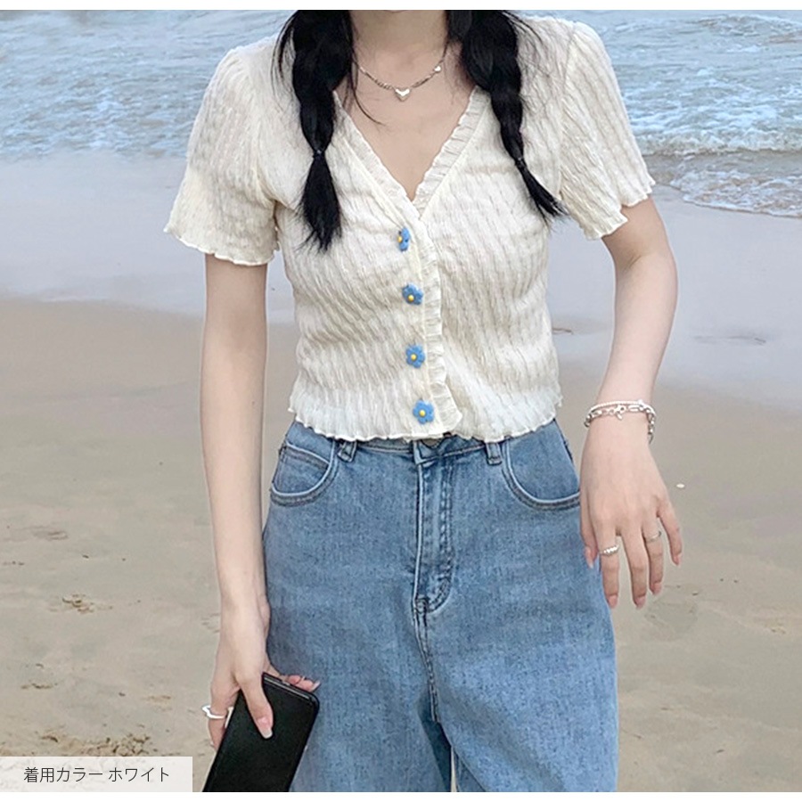 ニット ショート丈 トップス カーディガン セクシー へそ出し 半袖 サマーニット 春 メロウフリル Vネック ボタン 花 カジュアル フェミニン 韓国ファッション レディース 夏 秋 ブラック ホワイト グリーン イエロー フリーサイズ JOCOSA 7116