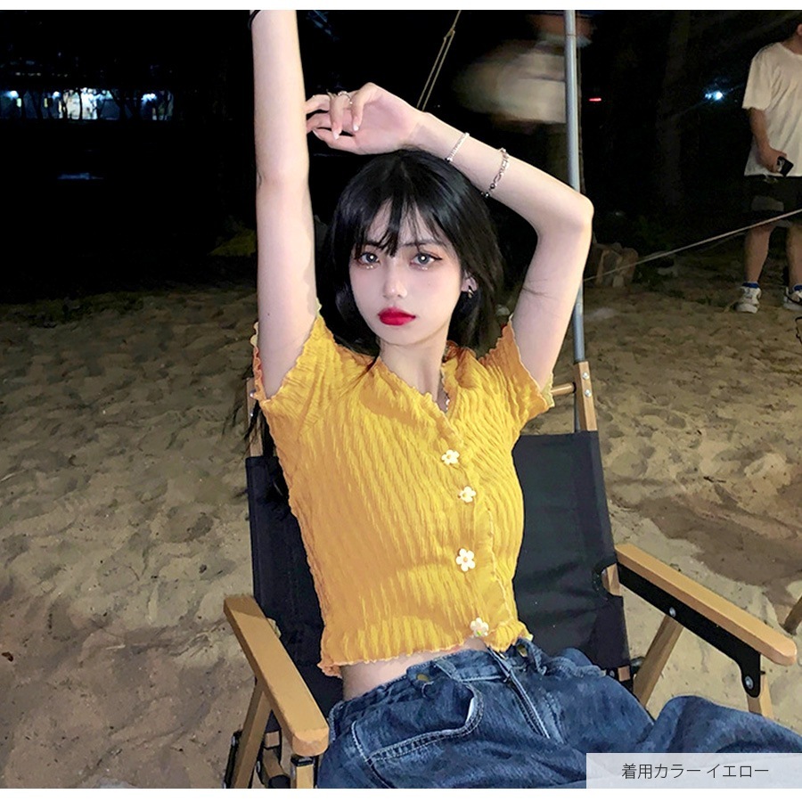 ニット ショート丈 トップス カーディガン セクシー へそ出し 半袖 サマーニット 春 メロウフリル Vネック ボタン 花 カジュアル フェミニン 韓国ファッション レディース 夏 秋 ブラック ホワイト グリーン イエロー フリーサイズ JOCOSA 7116