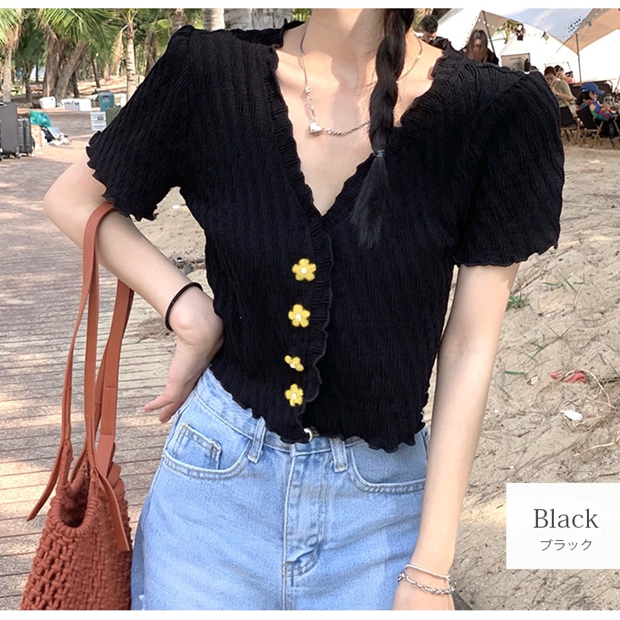 ニット ショート丈 トップス カーディガン セクシー へそ出し 半袖 サマーニット 春 メロウフリル Vネック ボタン 花 カジュアル フェミニン 韓国ファッション レディース 夏 秋 ブラック ホワイト グリーン イエロー フリーサイズ JOCOSA 7116
