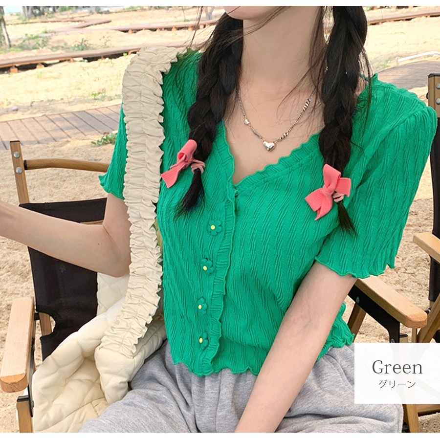 ニット ショート丈 トップス カーディガン セクシー へそ出し 半袖 サマーニット 春 メロウフリル Vネック ボタン 花 カジュアル フェミニン 韓国ファッション レディース 夏 秋 ブラック ホワイト グリーン イエロー フリーサイズ JOCOSA 7116