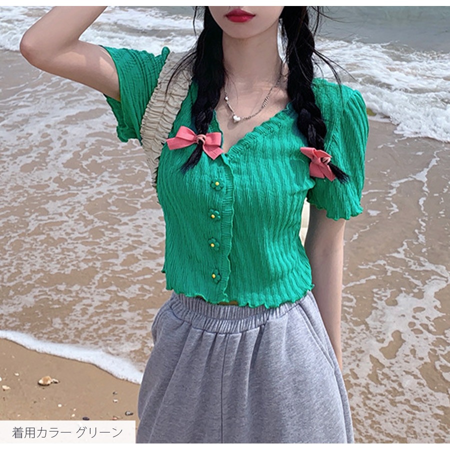 ニット ショート丈 トップス カーディガン セクシー へそ出し 半袖 サマーニット 春 メロウフリル Vネック ボタン 花 カジュアル フェミニン 韓国ファッション レディース 夏 秋 ブラック ホワイト グリーン イエロー フリーサイズ JOCOSA 7116