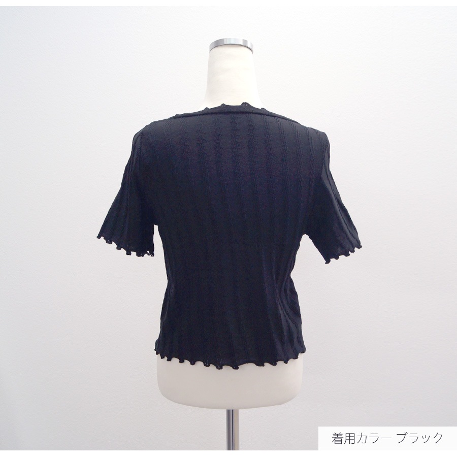 ニット ショート丈 トップス カーディガン セクシー へそ出し 半袖 サマーニット 春 メロウフリル Vネック ボタン 花 カジュアル フェミニン 韓国ファッション レディース 夏 秋 ブラック ホワイト グリーン イエロー フリーサイズ JOCOSA 7116