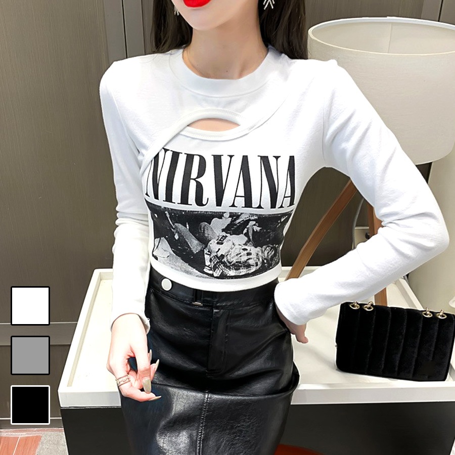 ショート丈トップス 長袖Tシャツ ロンT 穴あき へそ出し 長袖 クルー
