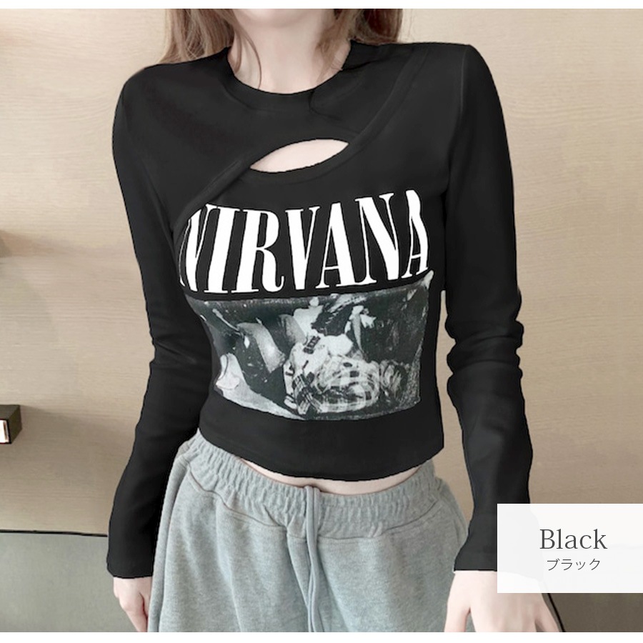 ショート丈トップス 長袖Tシャツ ロンT 穴あき へそ出し 長袖 クルーネック カットアウト カジュアル ストリート グラフィック ロゴ 韓国ファッション セクシー クール 大人 レディース 秋夏春冬 白 灰色 ホワイト グレー ブラック S M L JOCOSA 7148