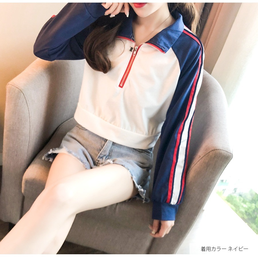 プルオーバー ハーフジップ トップス トレーナー ショート丈 長袖 韓国ファッション レディース 春 秋 冬 新作 黒 ブラック ネイビー 紺 M L XL JOCOSA 7172