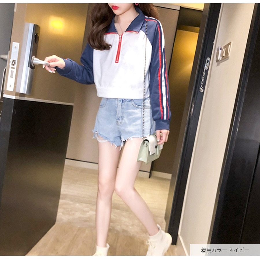 プルオーバー ハーフジップ トップス トレーナー ショート丈 長袖 韓国ファッション レディース 春 秋 冬 新作 黒 ブラック ネイビー 紺 M L XL JOCOSA 7172